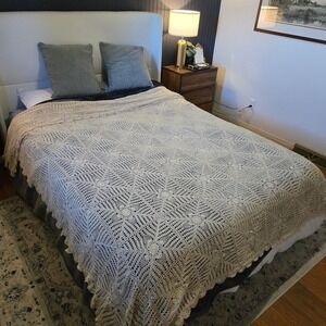 Handmade Crochet Bed Coverlet‎ 100% Natural Cotton Queen Size 82x86 Ivory